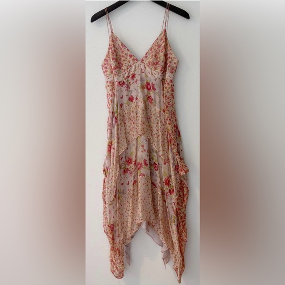 Zara Dresses & Skirts - Zara 100% Silk Floral V Neck  Asymmetrical High Low Knee Length Dress (Medium)